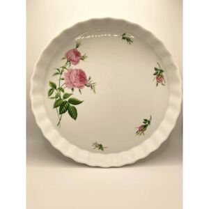 Christineholm Porcelain Quiche Tart Dish Pink‎ Rose Floral Fluted White Round
